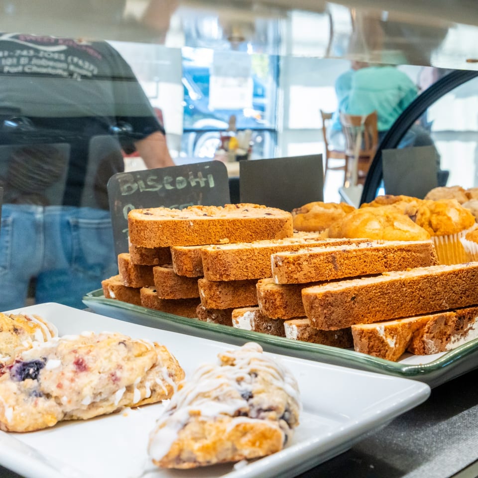 Scones and baked goods in the display case
